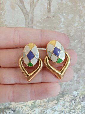 Monet Harlequin Vintage 90s Enamel Door Knocker Earrings
